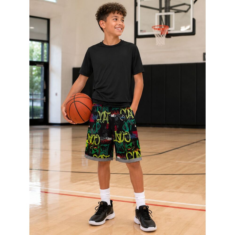 NWT Pro Player Boys 10/12 Reversible Basketball Shorts Graffiti Mesh Black #8